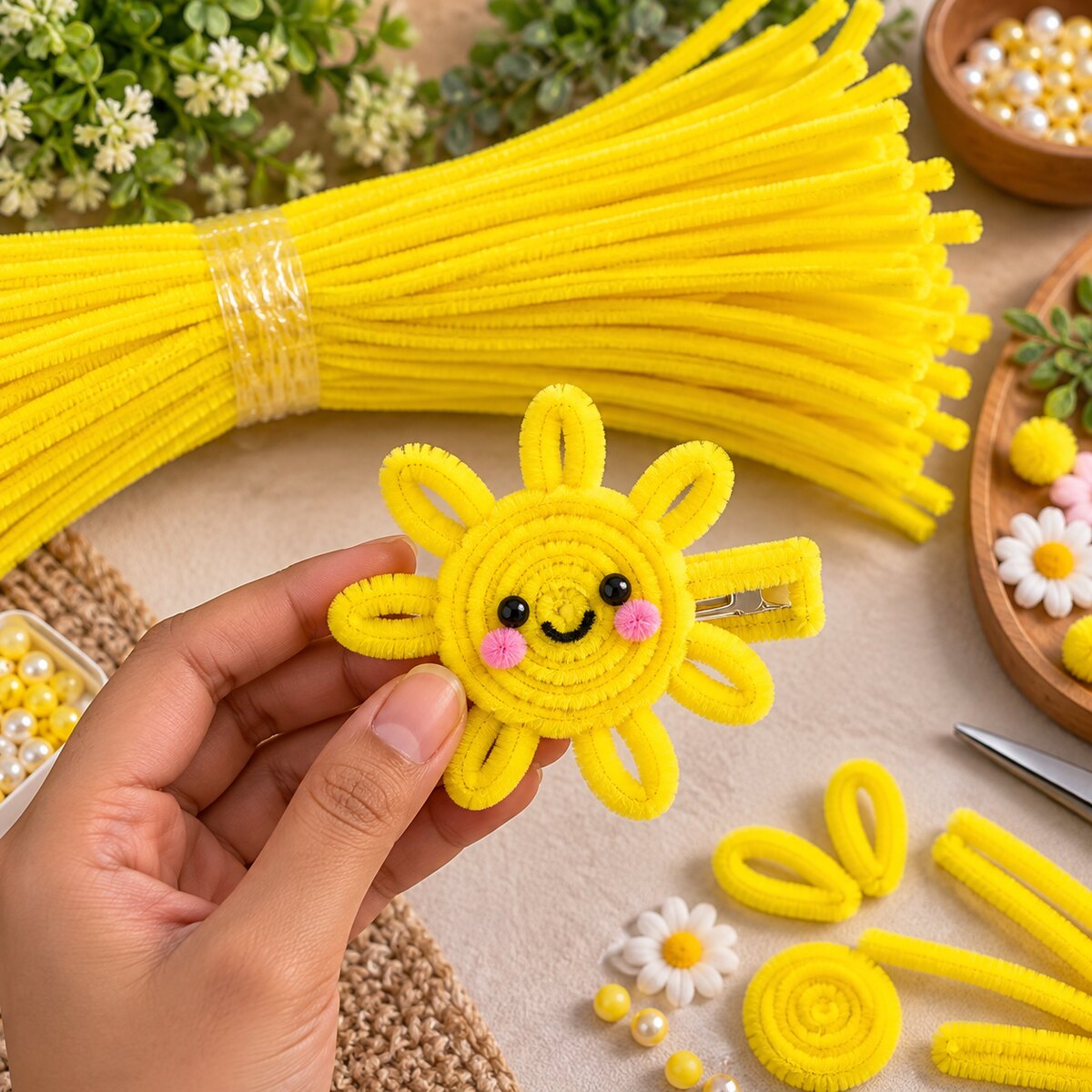 Yellow Pipe Cleaner Chenille Stem for DIY Craft, Flower Making & Decoration | 100 Pieces One Packet