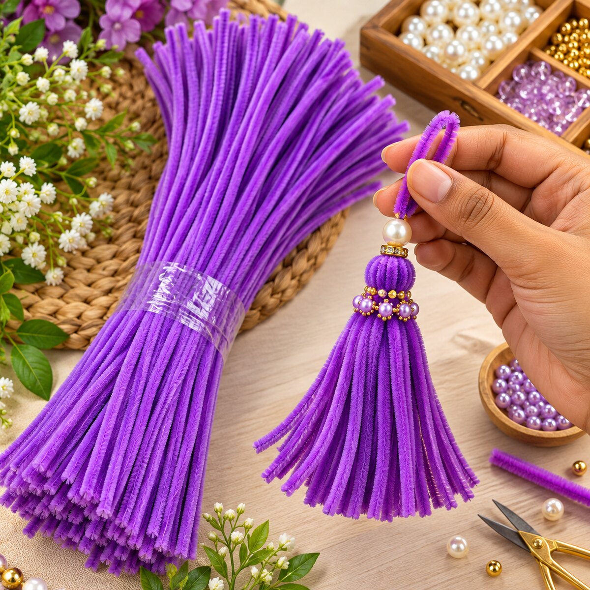 Purple Chenille Pipe Cleaner Craft Stems – 100 Pieces Pack | DIY Flower, Tassel & Craft Making
