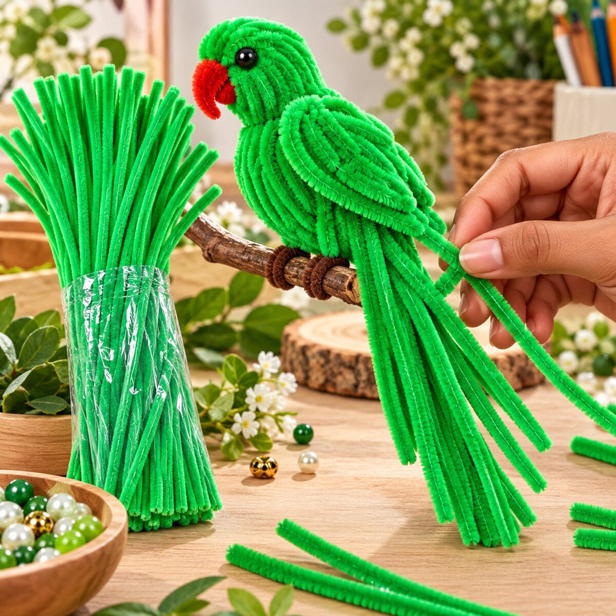 Green Pipe Cleaner Chenille Stem for Art Craft Flower Making & Decoration – 100 Pieces per Packet