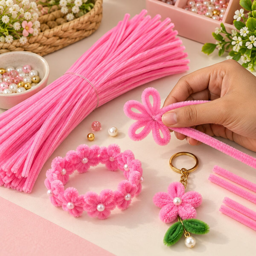 Pink Pipe Cleaner for Craft, Flower Making & DIY Decoration | 100 Pcs per Packet