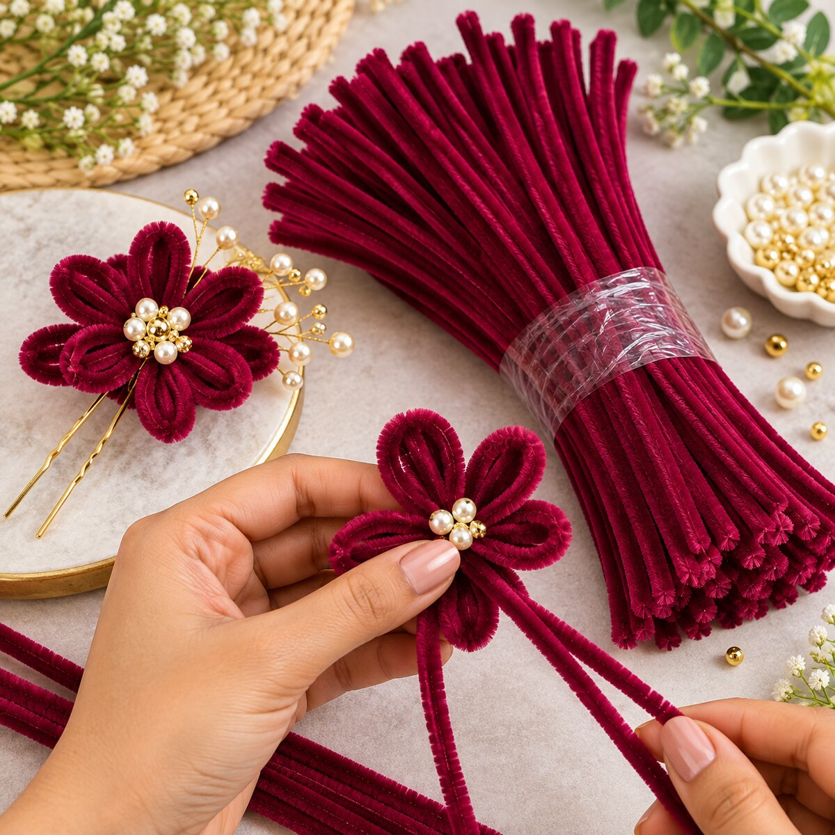 Wine Maroon Pipe Cleaner Chenille Stems for DIY Craft, Flower Making & Decoration | 100 Pcs Per Packet