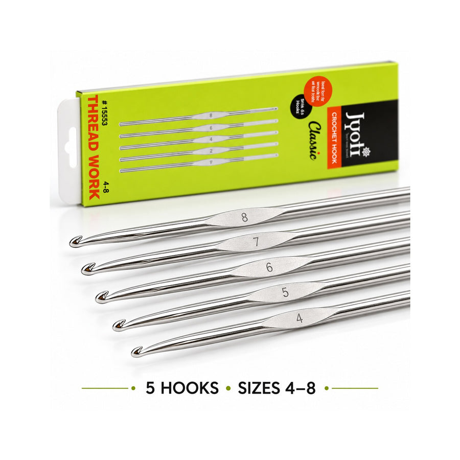 Jyoti Crochet Hook Set | 5 Piece Steel Crochet Needles | Sizes 4, 5, 6, 7, 8 | Knitting & Crochet Tool Set