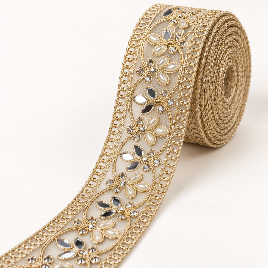 Premium Golden Floral Mirror Pearl & Stone Work Designer Lace for Saree, Lehenga, Blouse & Dupatta Border – 9 Meter Roll
