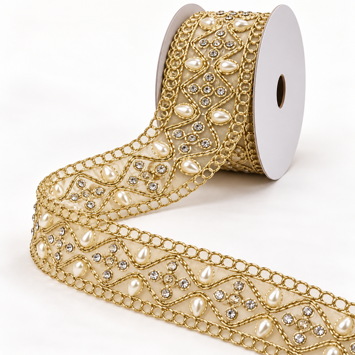 Premium Golden Diamond Pearl & Stone Work Embroidered Designer Lace for Saree, Lehenga, Blouse & Dupatta Border – 9 Meter Roll