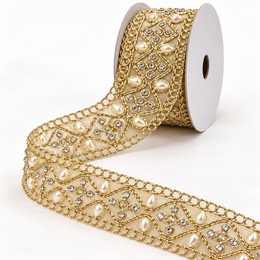 Premium Golden Diamond Pearl & Stone Work Embroidered Designer Lace for Saree, Lehenga, Blouse & Dupatta Border – 9 Meter Roll