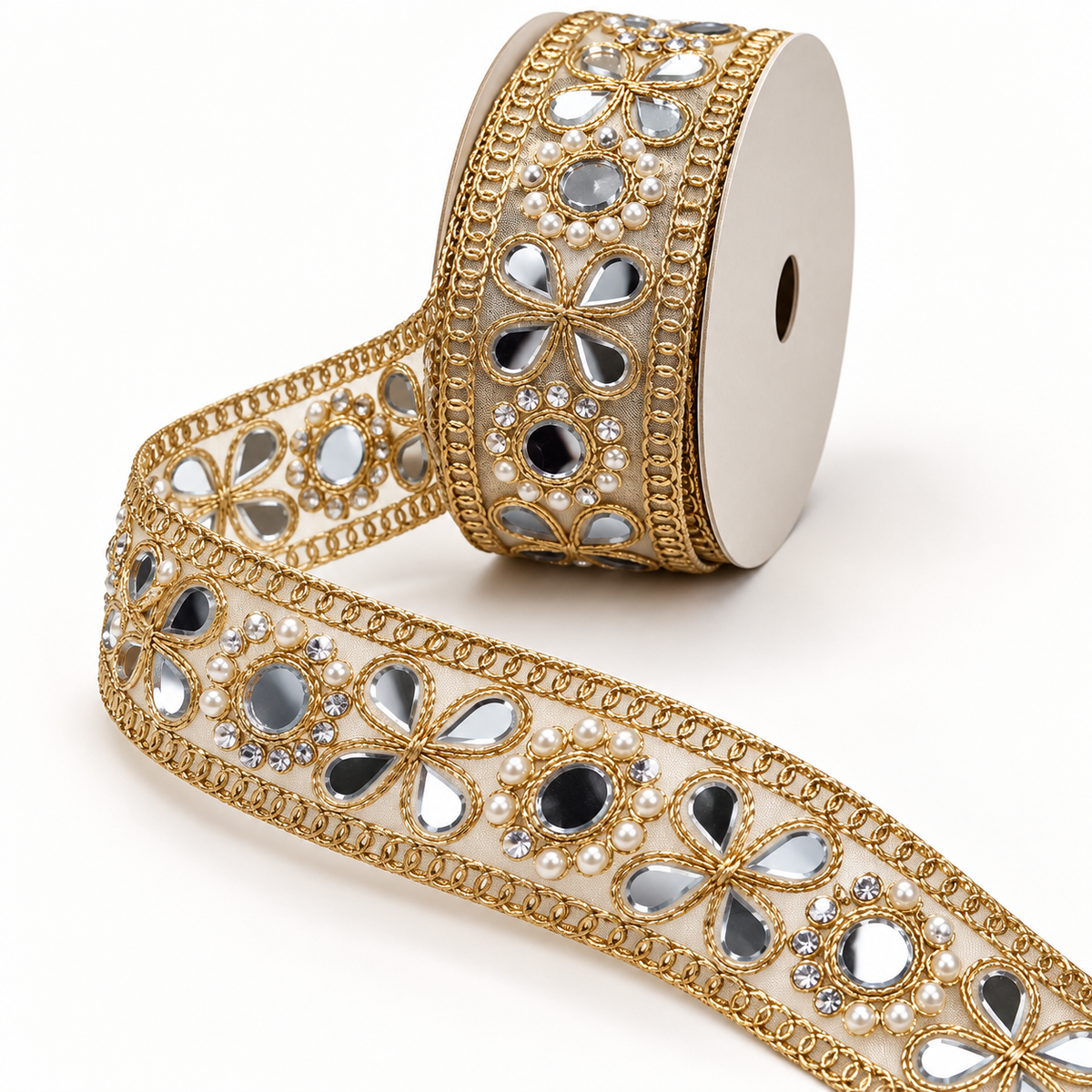 Premium Golden Floral Mirror Pearl & Stone Work Embroidered Designer Lace for Saree, Lehenga, Blouse & Dupatta Border – 9 Meter Roll