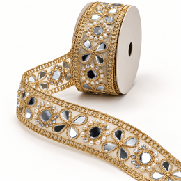 Premium Golden Floral Mirror Pearl & Stone Work Embroidered Designer Lace for Saree, Lehenga, Blouse & Dupatta Border – 9 Meter Roll