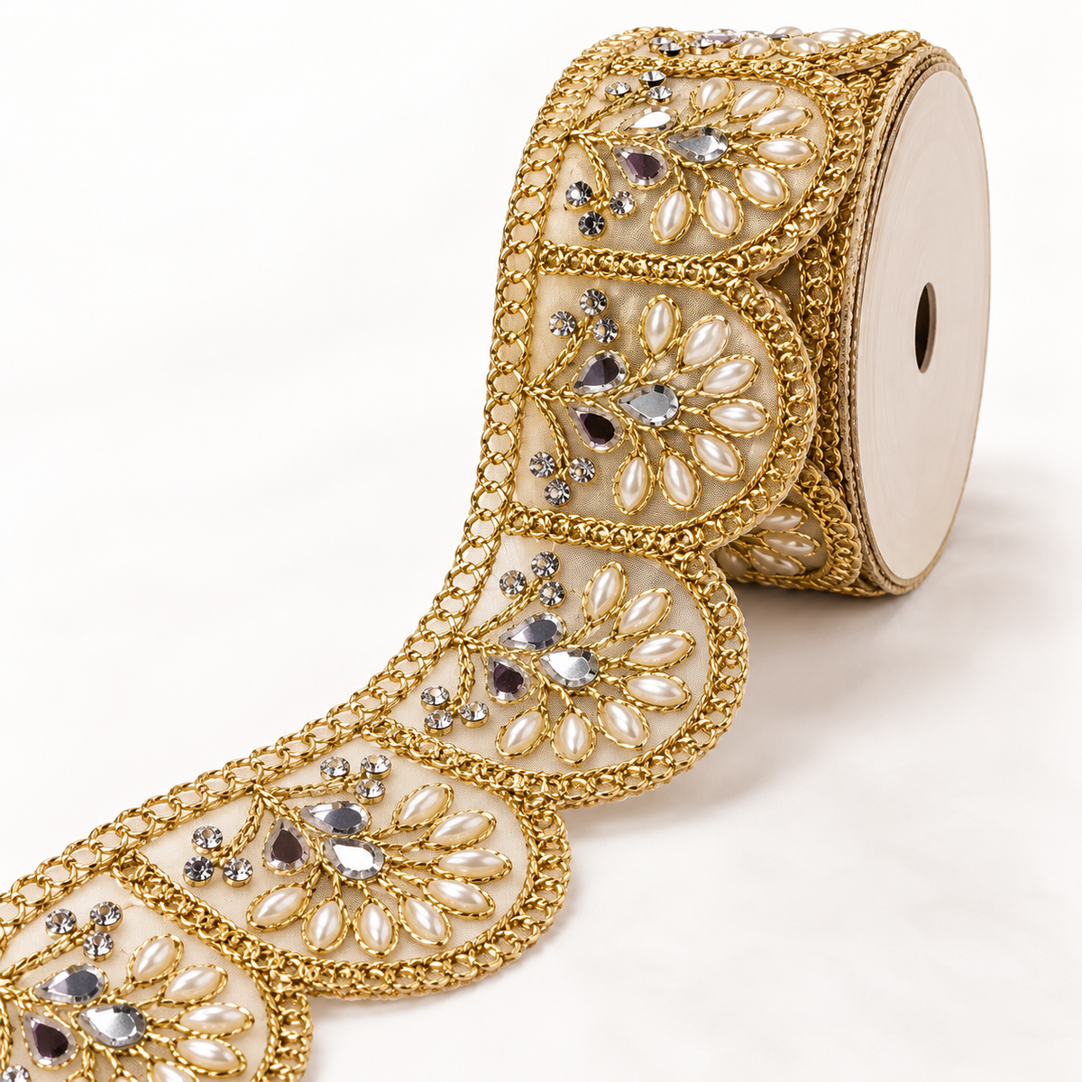 Premium Golden Scallop Floral Mirror Pearl & Stone Work Designer Lace for Saree, Lehenga, Blouse & Dupatta Border – 9 Meter Roll