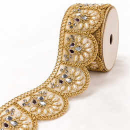 Premium Golden Scallop Floral Mirror Pearl & Stone Work Designer Lace for Saree, Lehenga, Blouse & Dupatta Border – 9 Meter Roll
