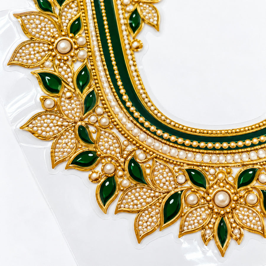 Green & Gold-Tone Pearl Effect DTF Blouse Sticker Set with Floral Neckline and Sleeve Motifs