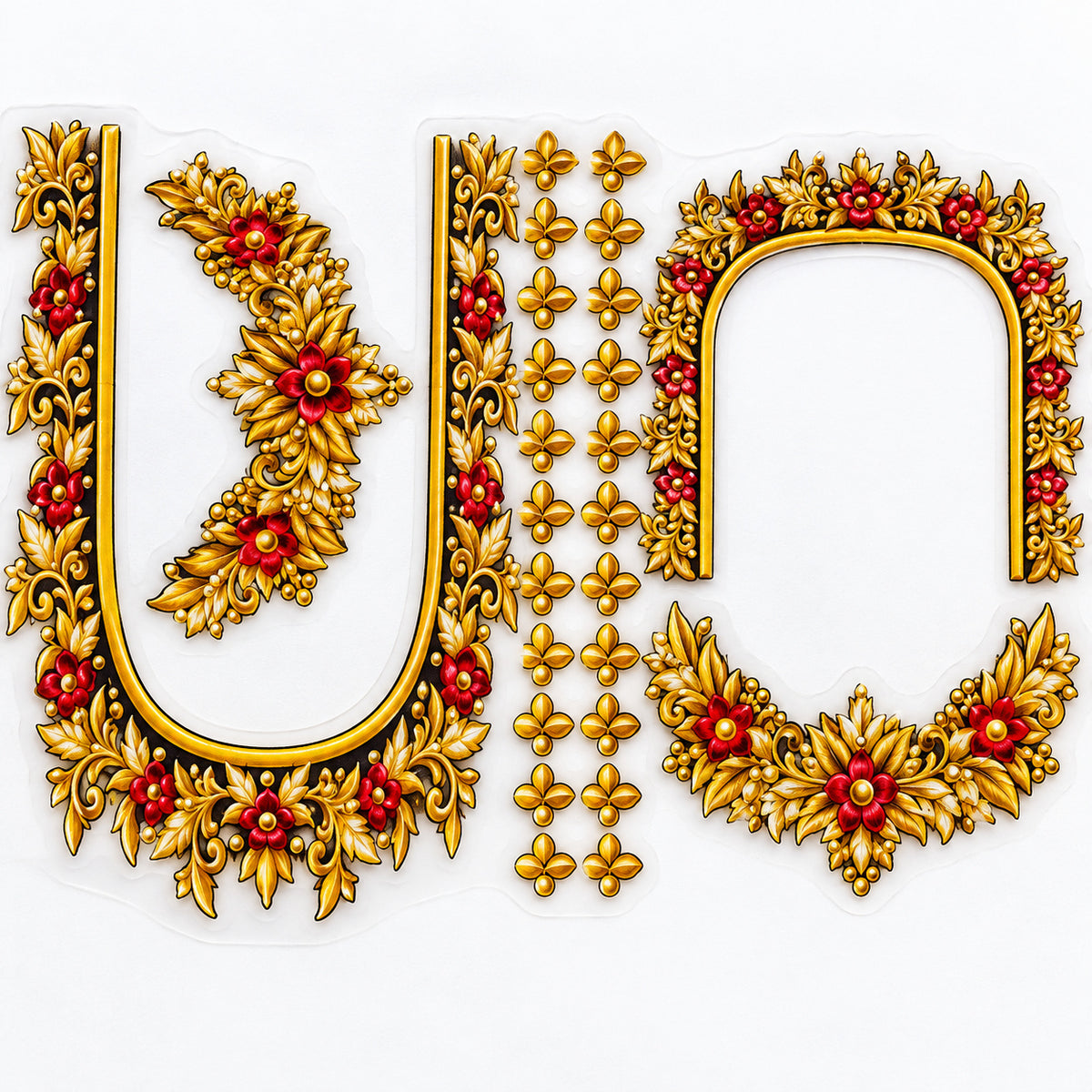 Red Floral & Gold-Tone Leaf DTF Blouse Sticker Set with Neckline Designs and Decorative Motifs