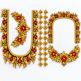 Red Floral & Gold-Tone Leaf DTF Blouse Sticker Set with Neckline Designs and Decorative Motifs