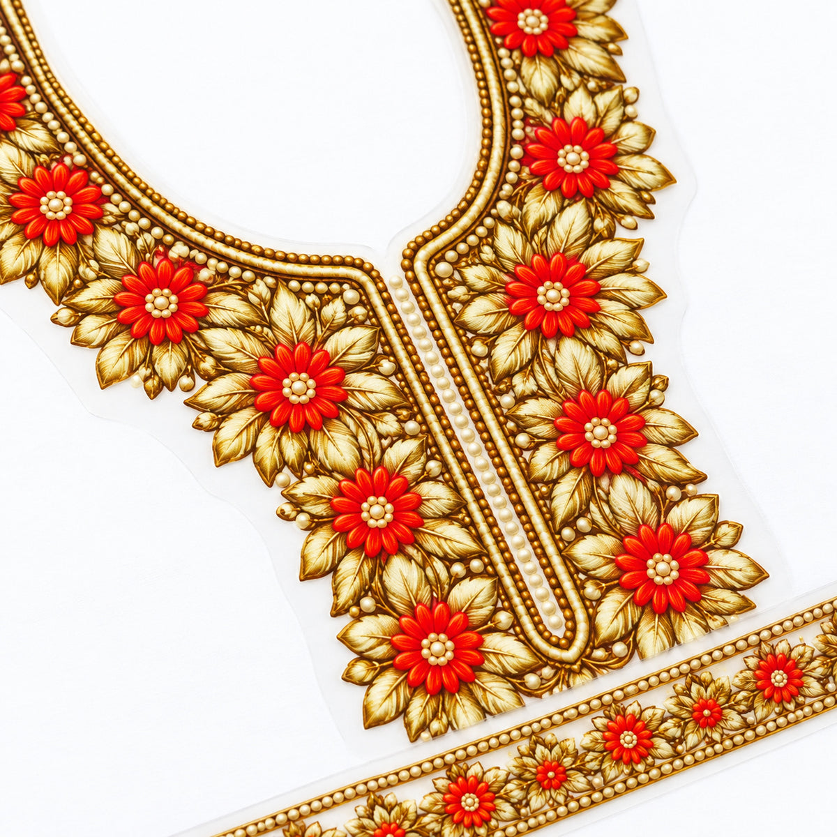 Red Floral & Gold-Tone Leaf DTF Heat Transfer Sticker Set with Neckline and Matching Border for Kurti & Suit