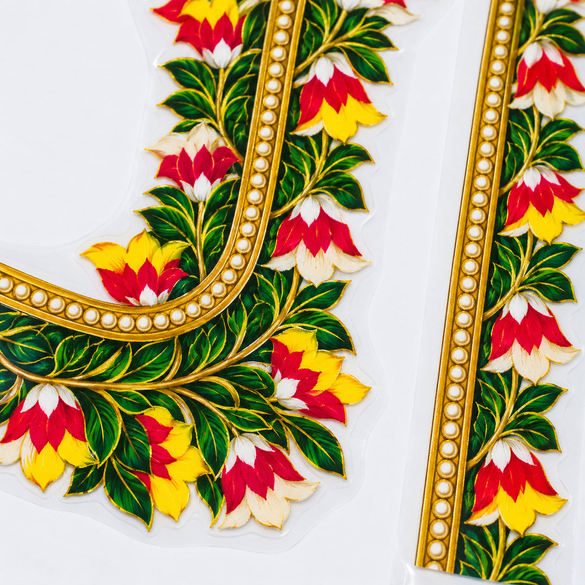 Multicolour Floral DTF Heat Transfer Sticker Set with U-Neckline and Matching Borders for Blouse
