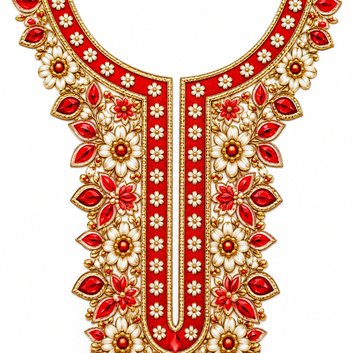 Red & Ivory Floral DTF Heat Transfer Sticker Set with Gold-Tone Neckline and Border for Kurti & Suit
