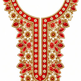 Red & Ivory Floral DTF Heat Transfer Sticker Set with Gold-Tone Neckline and Border for Kurti & Suit