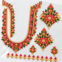 Pink & Green Floral DTF Blouse Sticker Set with Gold-Tone Neckline, Sleeve Motifs and Decorative Border