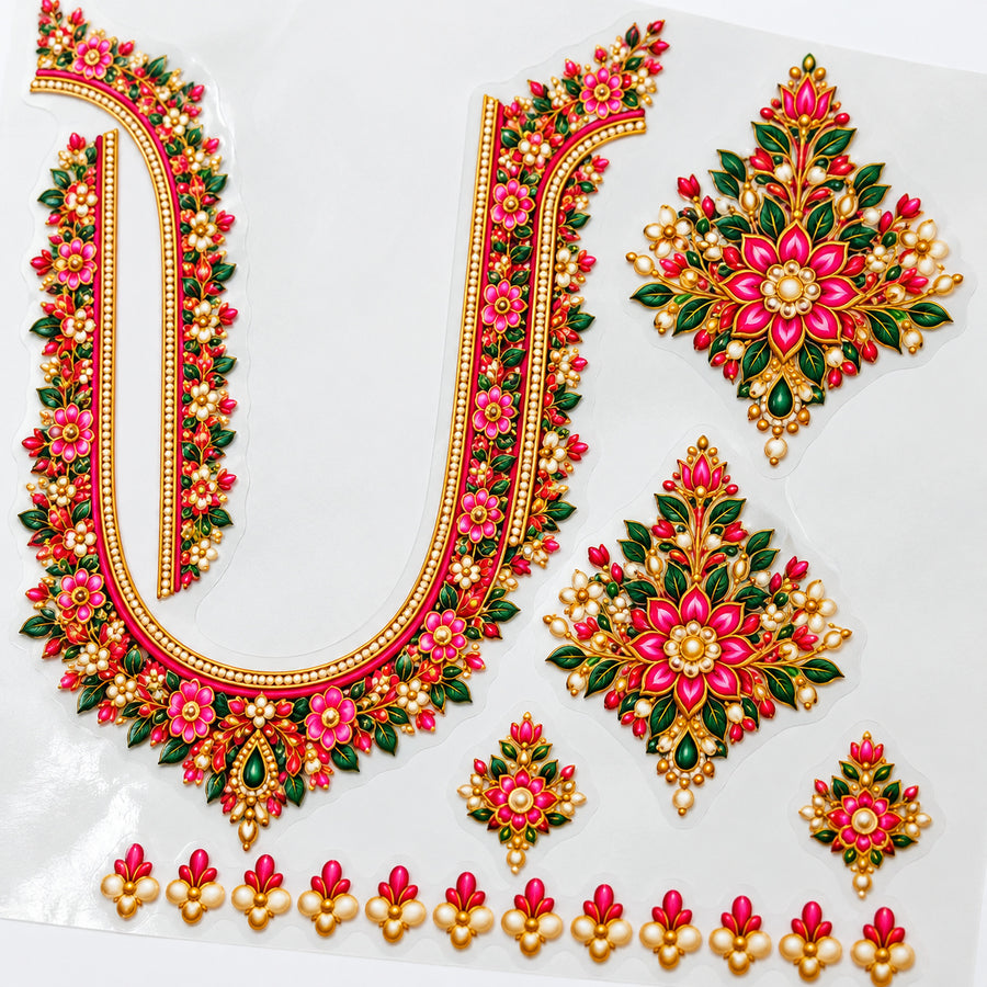 Pink & Green Floral DTF Blouse Sticker Set with Gold-Tone Neckline, Sleeve Motifs and Decorative Border