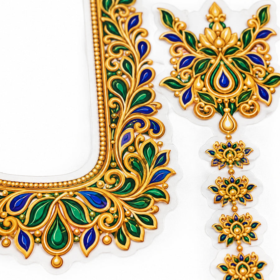 Green & Blue Gold-Tone DTF Blouse Sticker Set with Floral U-Neckline and Decorative Sleeve Motifs