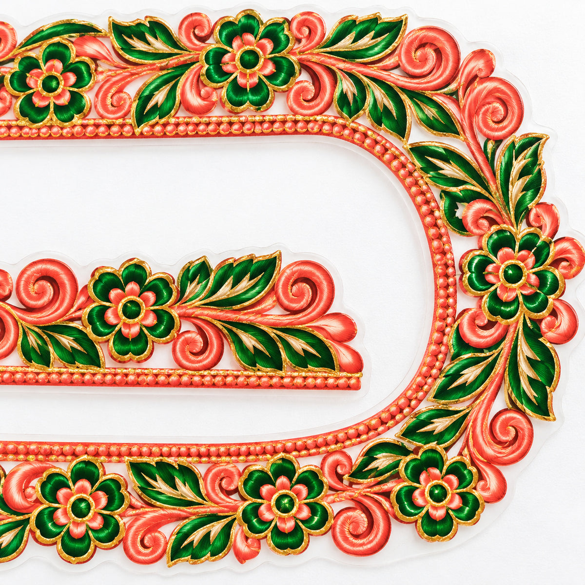 Coral Pink & Green Floral DTF Heat Transfer Sticker Set with U-Neck and Sleeve Borders for Blouse