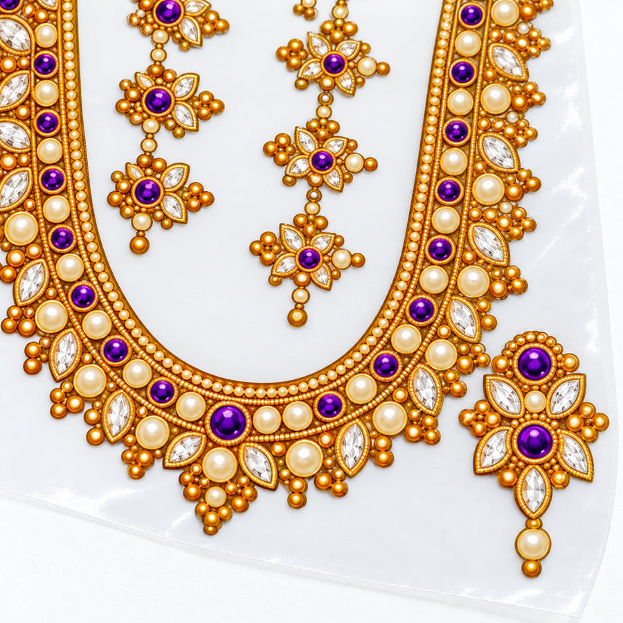 Purple & Gold-Tone Jewellery Print DTF Blouse Sticker Set with Front Neck, Back Design and Sleeve Motifs