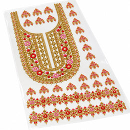 Pink & Red Floral DTF Heat Transfer Sticker Set with Gold-Tone Neckline, Matching Borders and Small Motifs for Suit & Blouse