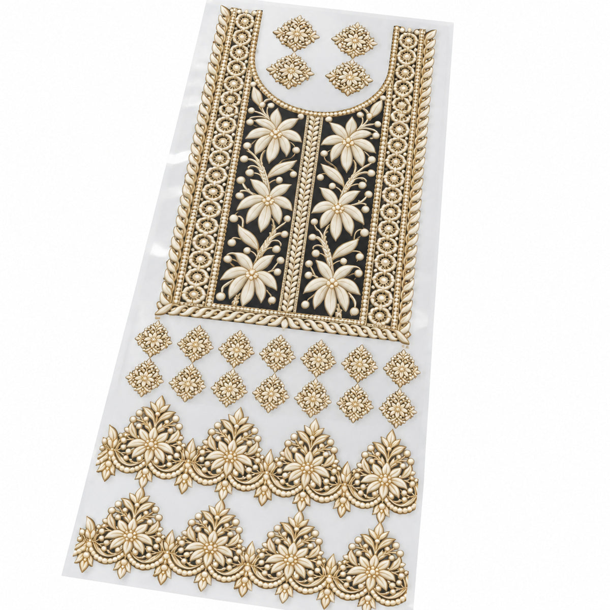 Ivory & Gold Floral DTF Heat Transfer Sticker Set with U-Neck Panel, Border & Motifs for Suit & Blouse