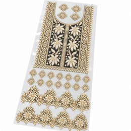 Ivory & Gold Floral DTF Heat Transfer Sticker Set with U-Neck Panel, Border & Motifs for Suit & Blouse