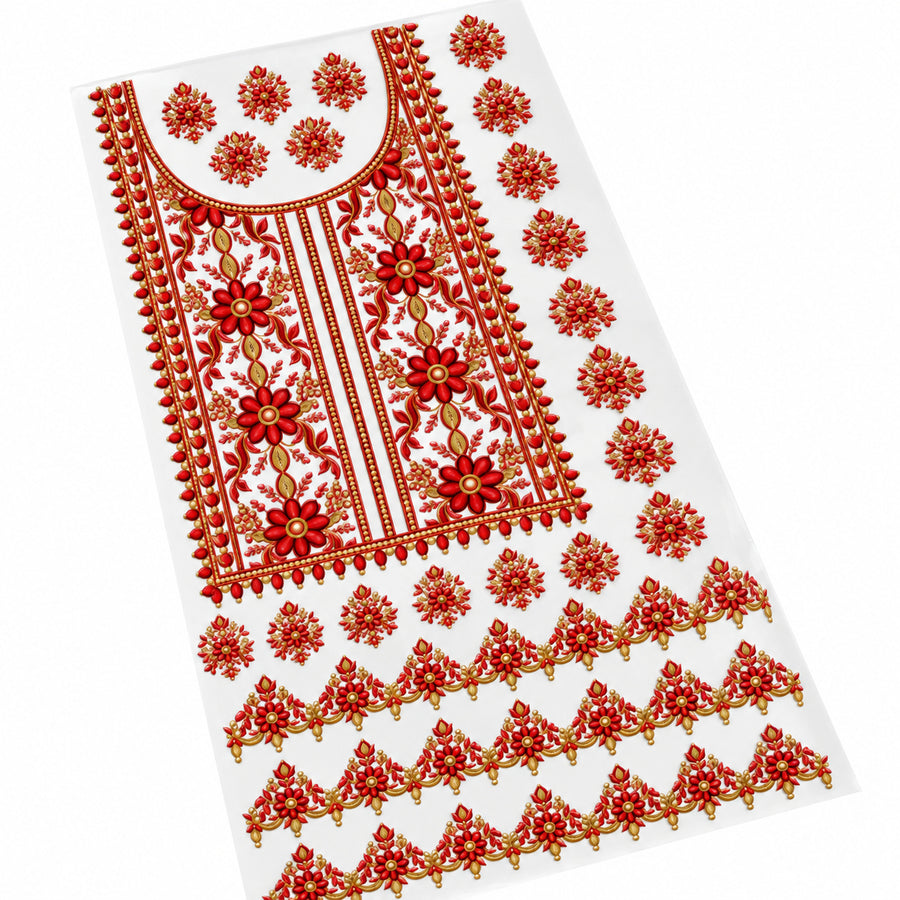 Red Floral & Gold-Tone DTF Heat Transfer Sticker Set with Long Neck Panel, Borders and Motifs for Suit & Blouse
