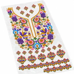 Multicolour Floral DTF Heat Transfer Sticker Set with Purple & Pink Neckline, Matching Motifs and Border for Suit & Blouse