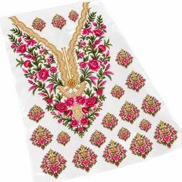 Pink Rose & Green Floral DTF Heat Transfer Sticker Set with Gold-Tone V-Neck Design and Matching Motifs