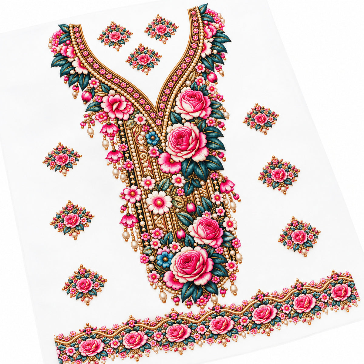 Pink Rose Teal & Gold DTF Heat Transfer Sticker Set with Long Neckline, Border & Motifs for Suit & Blouse