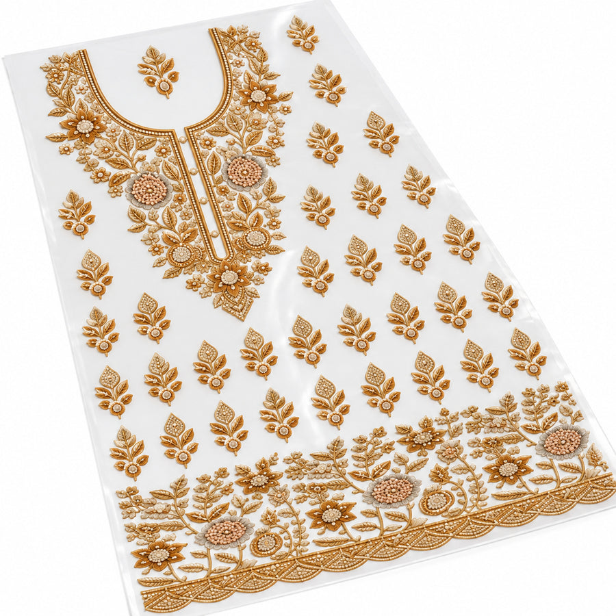 Gold-Tone & Ivory Floral DTF Heat Transfer Sticker Set with Neckline, Border and Leaf Motifs for Suit & Blouse