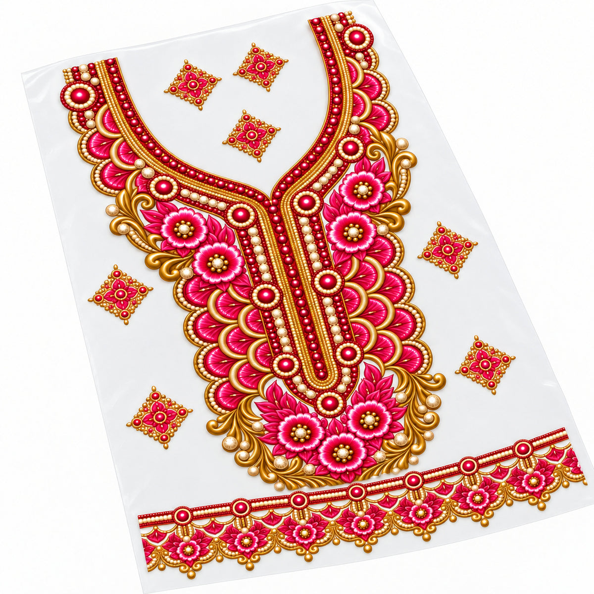 Rani Pink & Gold-Tone Floral DTF Heat Transfer Sticker Set with Neckline, Border and Diamond Motifs for Suit & Blouse