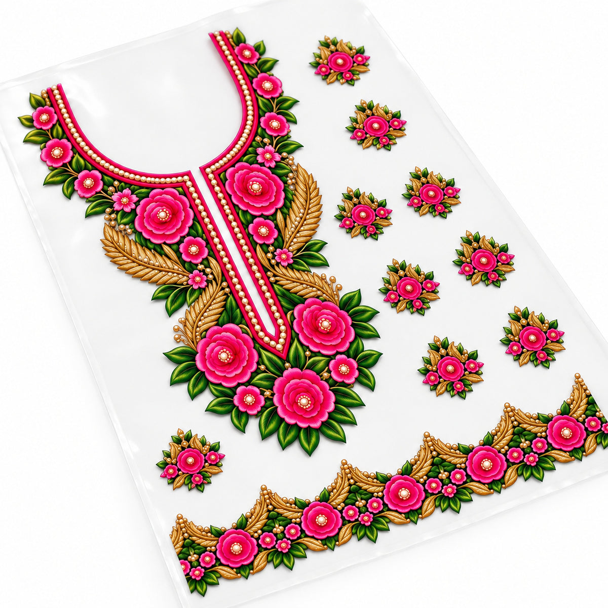 Rani Pink Green & Gold Rose DTF Heat Transfer Sticker Set with Neckline, Border & Motifs for Suit & Blouse
