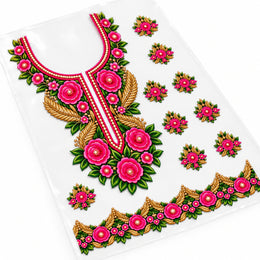 Rani Pink Green & Gold Rose DTF Heat Transfer Sticker Set with Neckline, Border & Motifs for Suit & Blouse
