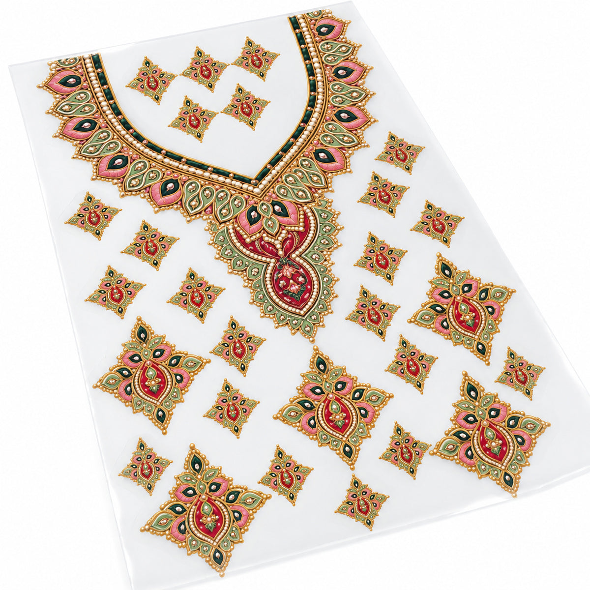 Pink Green & Gold Jewellery Style DTF Heat Transfer Sticker Set with V-Neck Design for Suit & Blouse