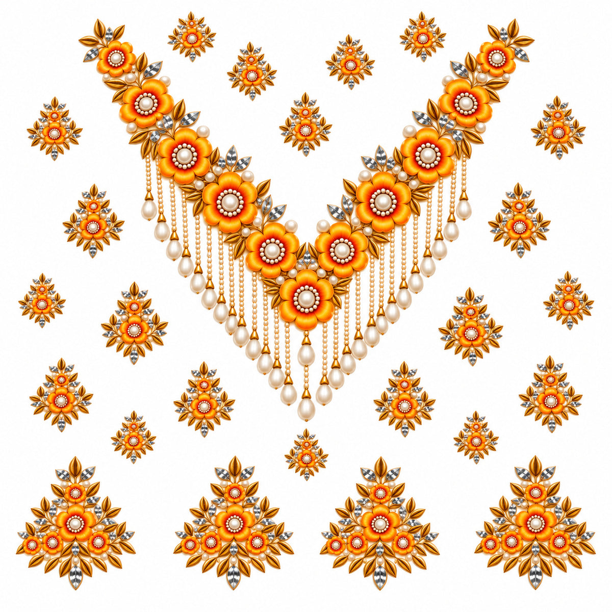 Orange Gold & Ivory Floral Necklace Style DTF Heat Transfer Sticker Set for Suit & Blouse