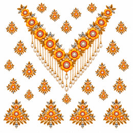 Orange Gold & Ivory Floral Necklace Style DTF Heat Transfer Sticker Set for Suit & Blouse