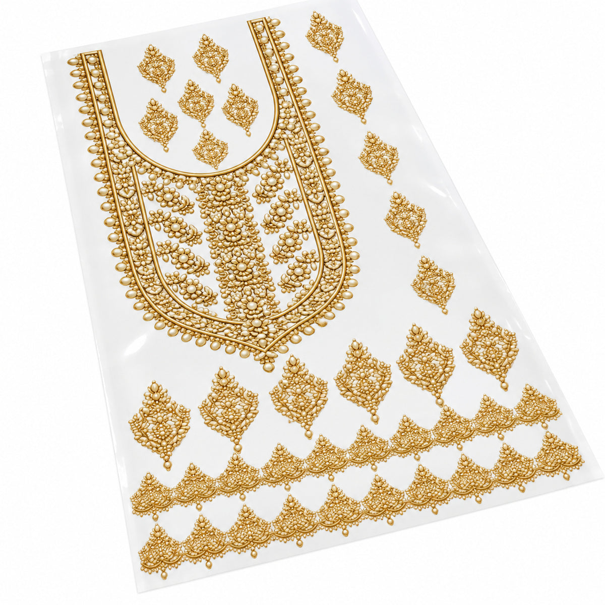 Gold-Tone Pearl Effect DTF Heat Transfer Sticker Set with Ornamental Neck Panel, Border and Motifs for Suit & Blouse