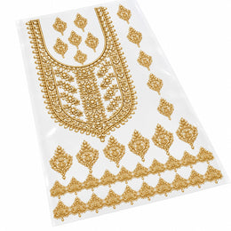 Gold-Tone Pearl Effect DTF Heat Transfer Sticker Set with Ornamental Neck Panel, Border and Motifs for Suit & Blouse