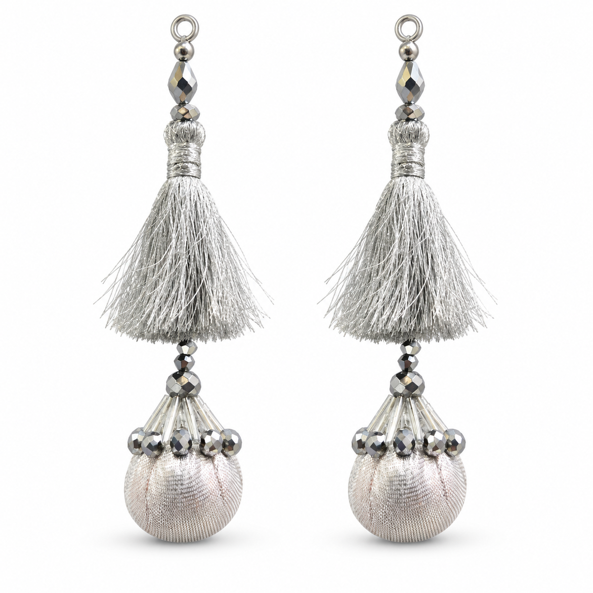 Premium Silver Designer Blouse Latkan with Silky Tassels, Crystal Beads & Potli Design – Pack of 12 Pieces (6 Pairs)