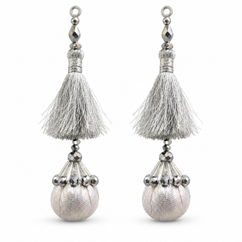 Premium Silver Designer Blouse Latkan with Silky Tassels, Crystal Beads & Potli Design – Pack of 12 Pieces (6 Pairs)