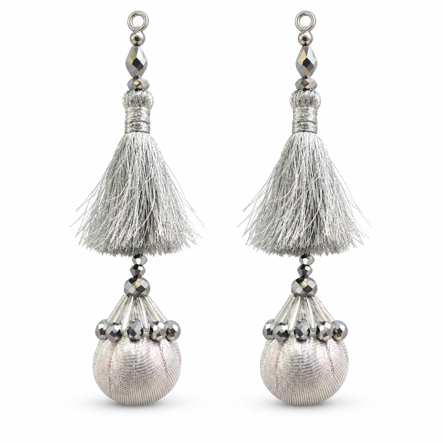Premium Silver Designer Blouse Latkan with Silky Tassels, Crystal Beads & Potli Design – Pack of 12 Pieces (6 Pairs)