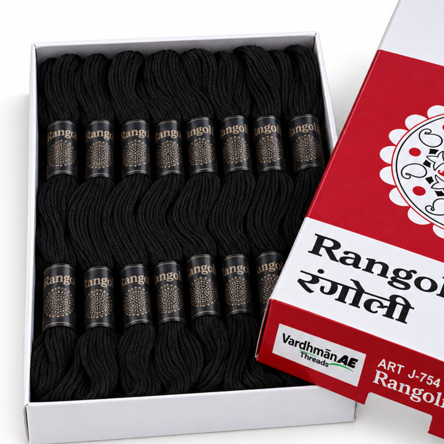 Rangoli Embroidery Thread – Black | Box of 25 Skeins | Stranded Cotton Thread