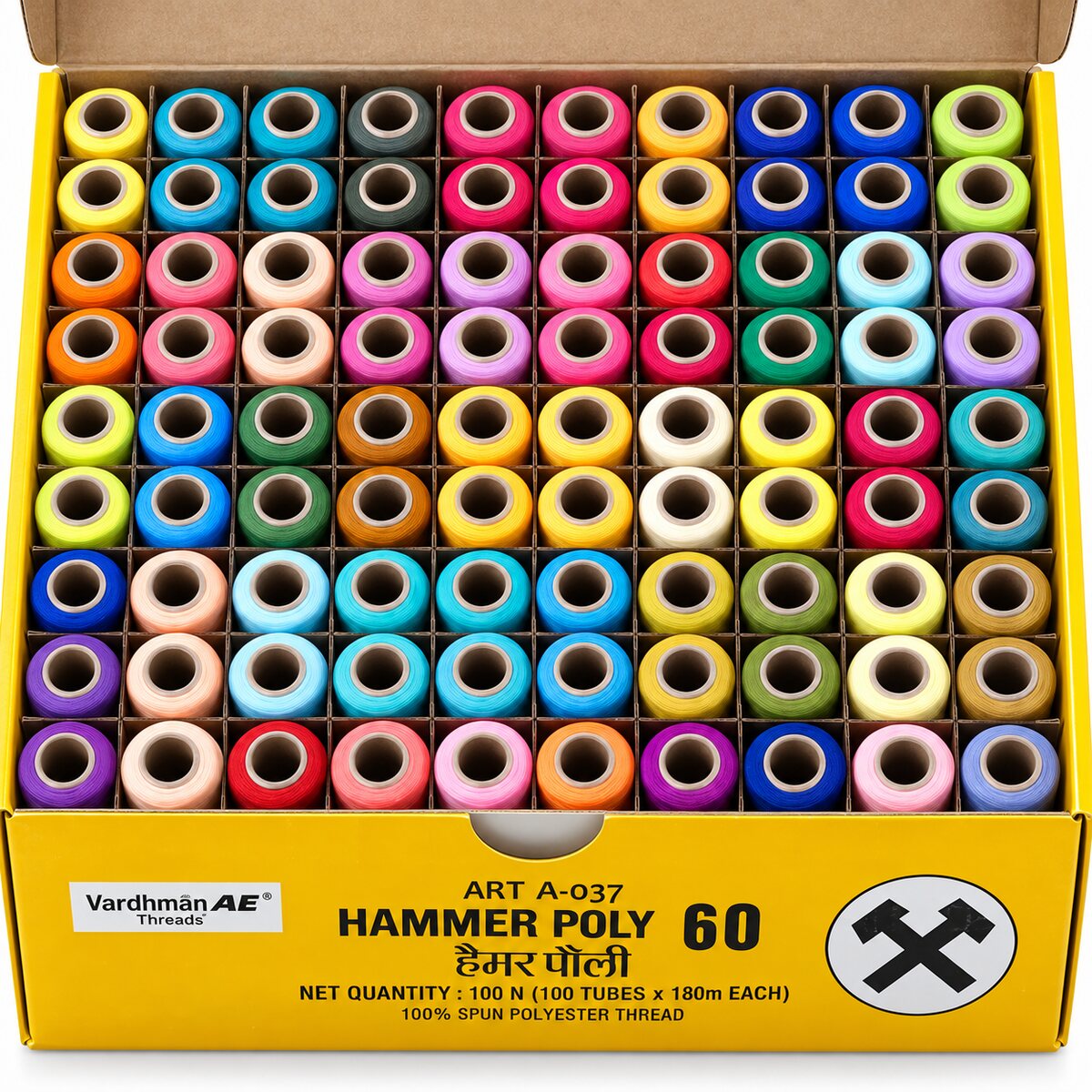 Vardhman AE Hammer Poly 60 Multicolor Sewing Thread Box | 100 Tubes x 180 Meter Each | 100% Spun Polyester Thread for Tailoring & Stitching