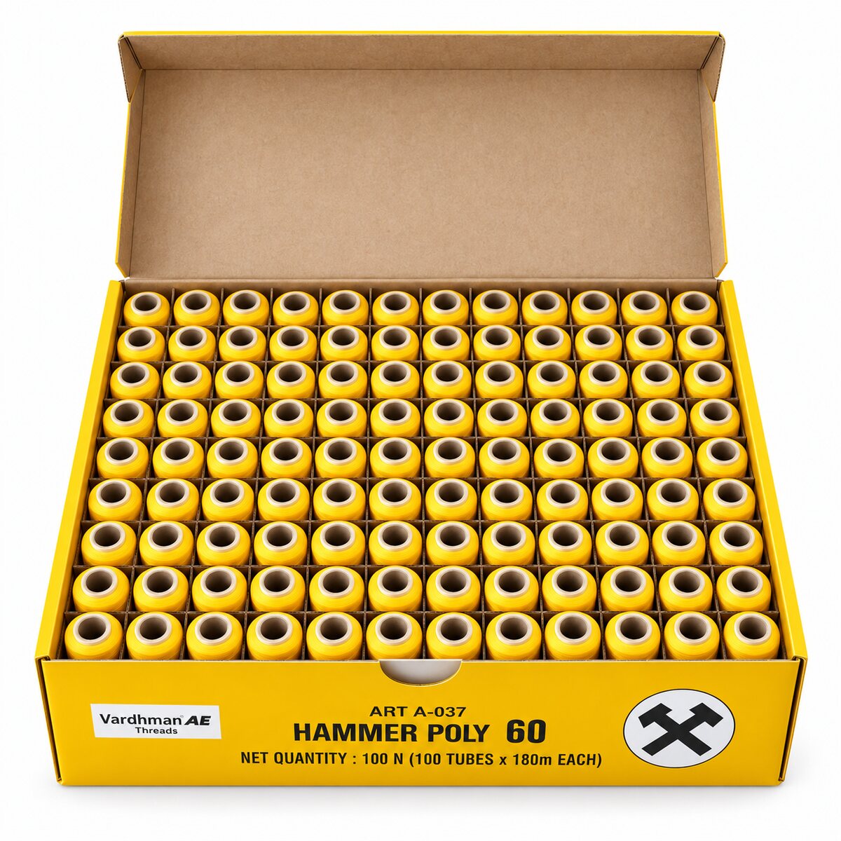 Vardhman AE Hammer Poly 60 Yellow Sewing Thread | 100 Tubes x 180 Metres Each | 100% Spun Polyester Thread