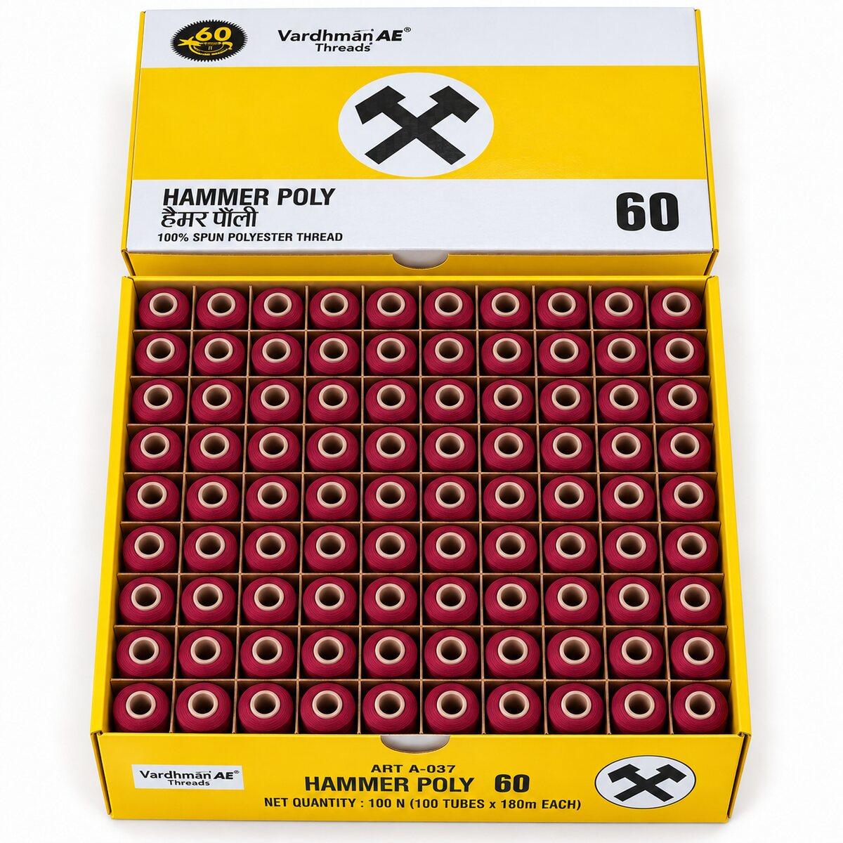Vardhman AE Hammer Poly 60 Maroon Sewing Thread | 100 Tubes x 180 Metres Each | 100% Spun Polyester Tailoring Thread