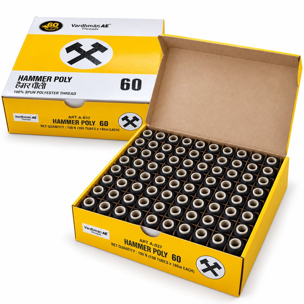 Vardhman AE Hammer Poly 60 Black Sewing Thread Box | 100 Tubes x 180 Metres Each | 100% Spun Polyester Thread