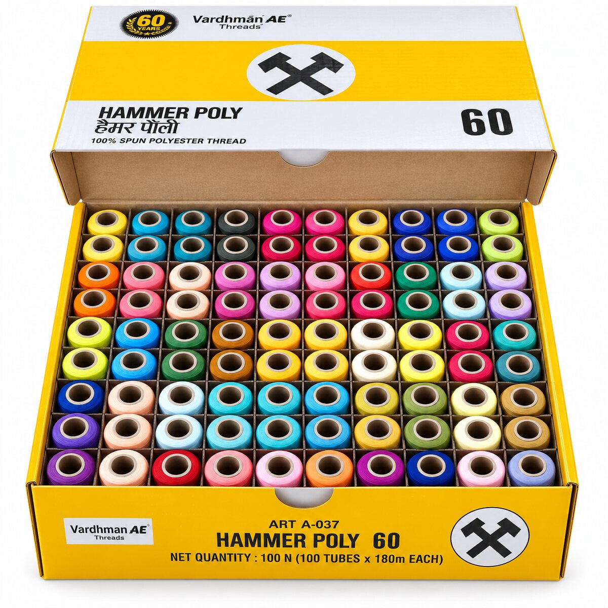 Vardhman AE Hammer Poly 60 Multicolour Mix 6 Sewing Thread Box | 100 Tubes x 180 Metres Each | 100% Spun Polyester Thread